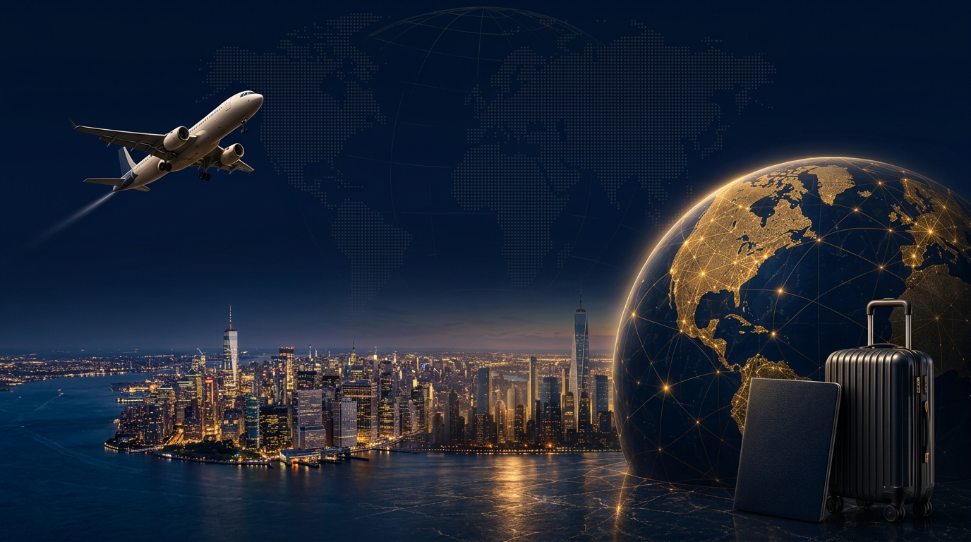 Golden wireframe globe, ascending airplane and illuminated city skyline at dusk — Travancy Transcontinental Ltd