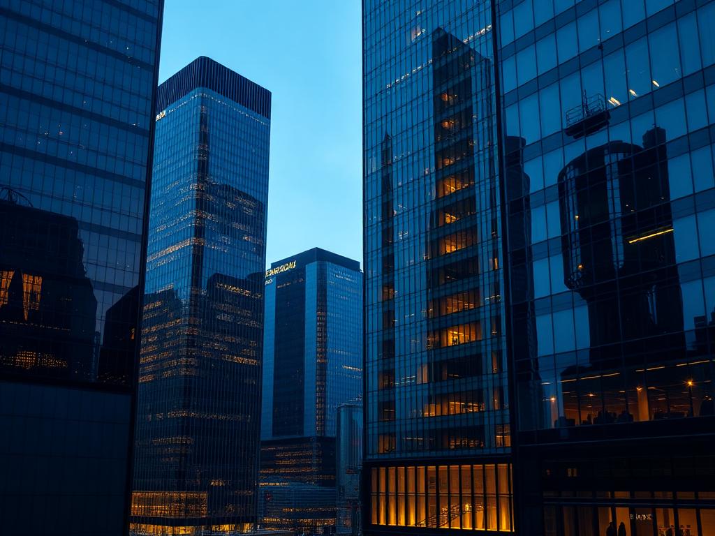 Modern executive business district with glass skyscrapers at blue hour