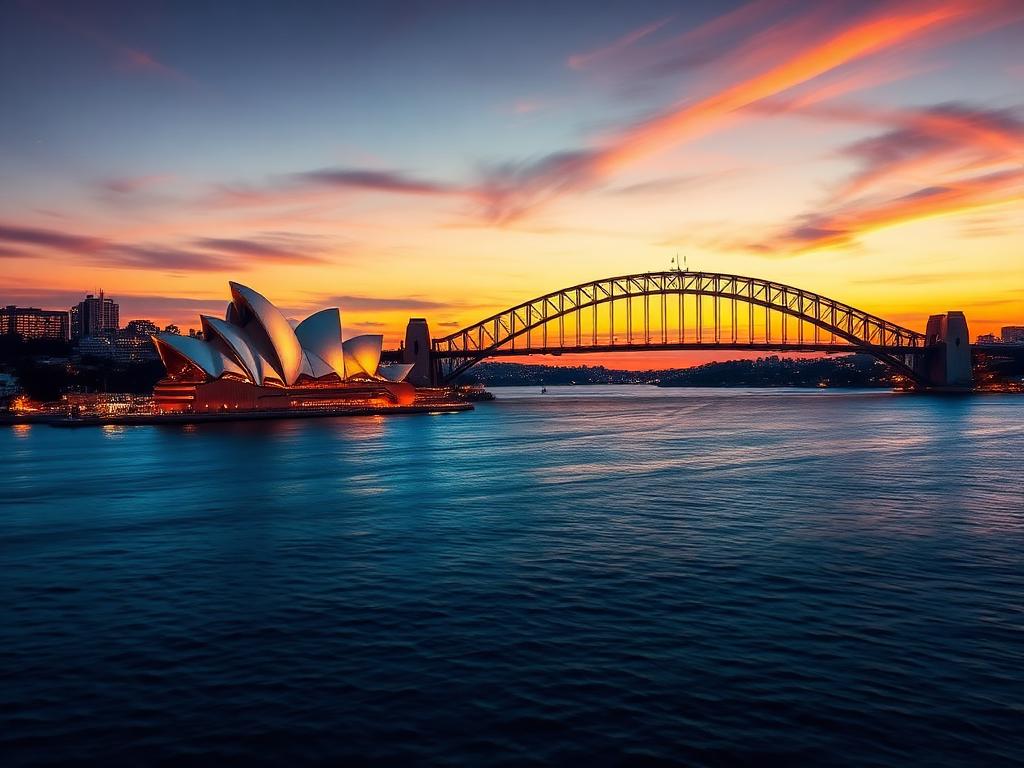 Sydney Opera House and Harbour Bridge at sunset
