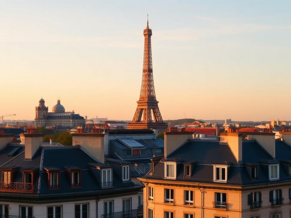 Paris rooftops with the Eiffel Tower at golden hour