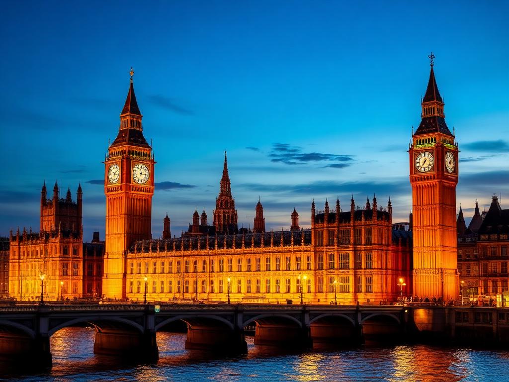London skyline with Big Ben and the Houses of Parliament at dusk